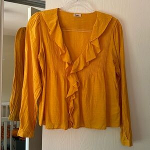 Faherty Mustard Yellow Button Ruffle Blouse Size Small Like New